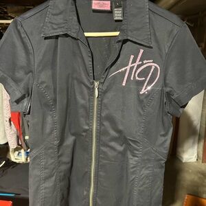 Black Zip-Up Shirt with Pink Logo